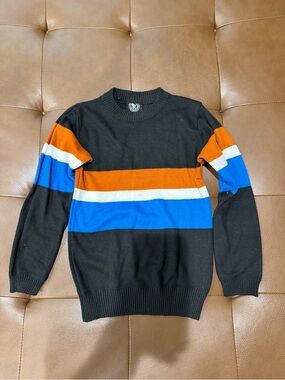 Street Rules Boys Black Crewneck Sweater w/ Orange, White & Blue Stripes Size 8
